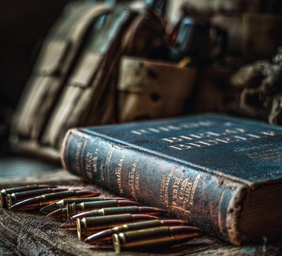A Bible resting beside ammunition.